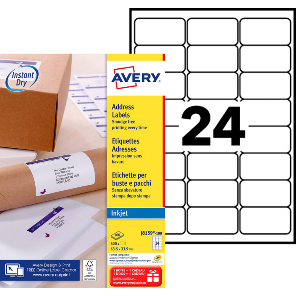 Avery J8159 Etiquettes adresses blanches jet dencre 63,5 x 33,9 mm - Bote de 2400