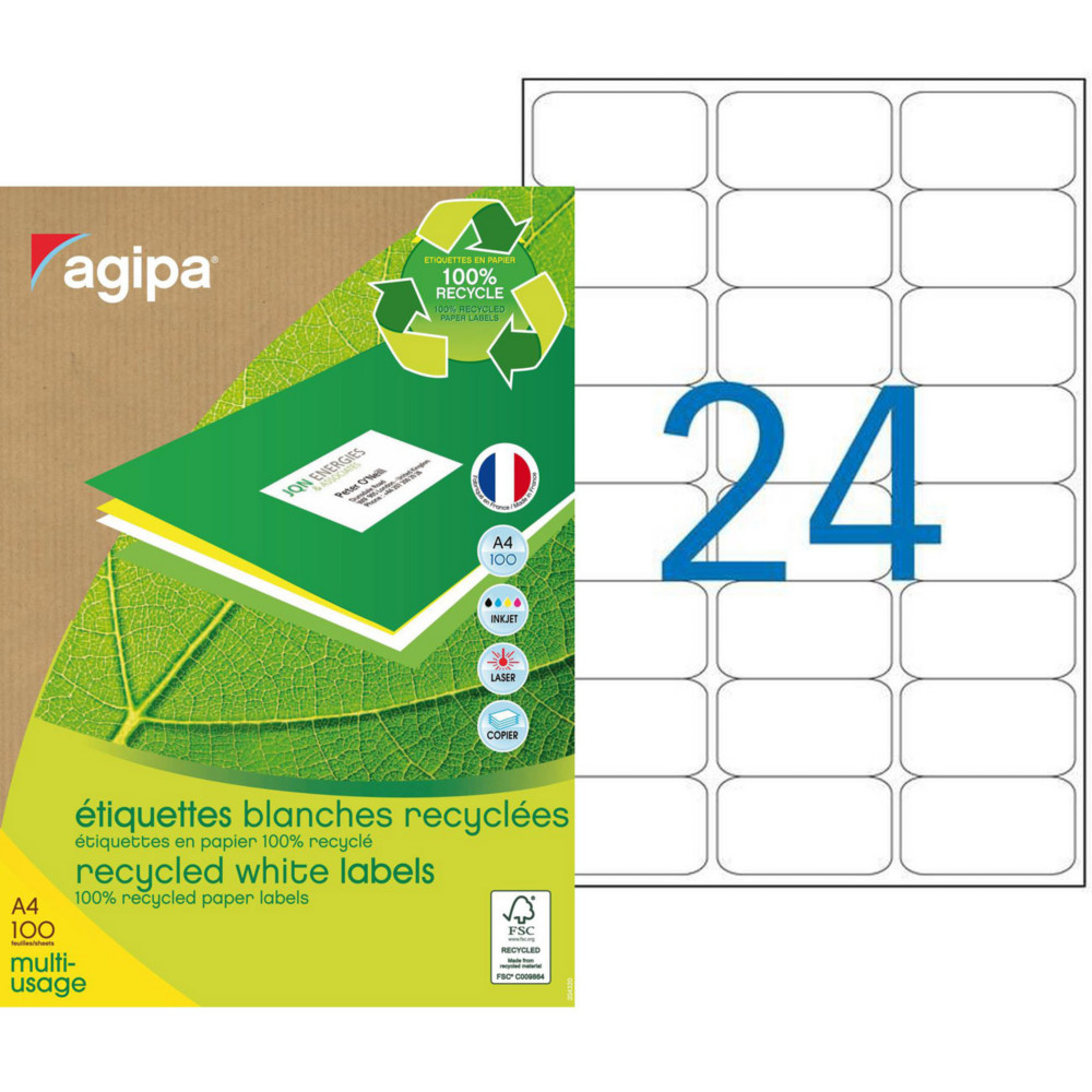 AGIPA 102645 Etiquettes blanches recycles multi-usage 63,5 x 33,9 mm - Bote de 2400