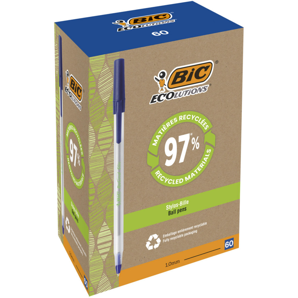 BIC Round Stic ECOlutions Stylo bille recycl pointe moyenne - Bleu