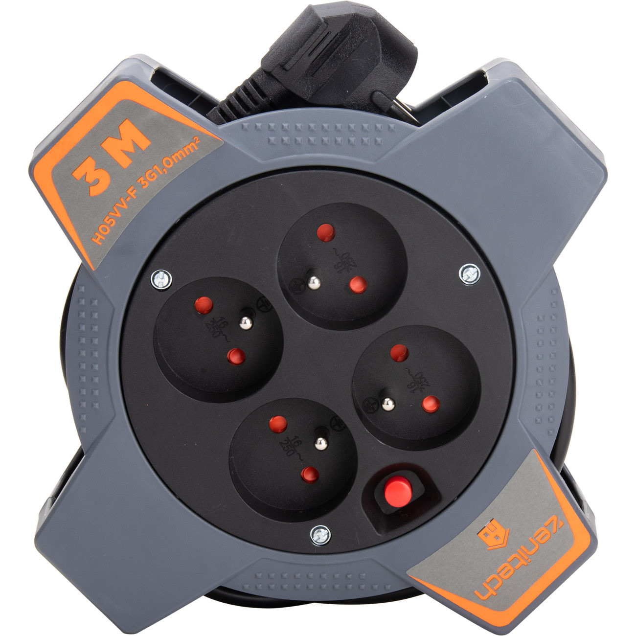 Zenitech Enrouleur compact multiprise 4 prises secteur 16A avec coupe circuit - Câble de 3 m - Noir