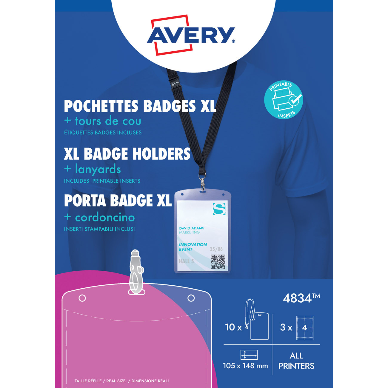 Avery Pochettes pour badges 105 x 148 mm + tours de cours - 4834 - Lot de 10