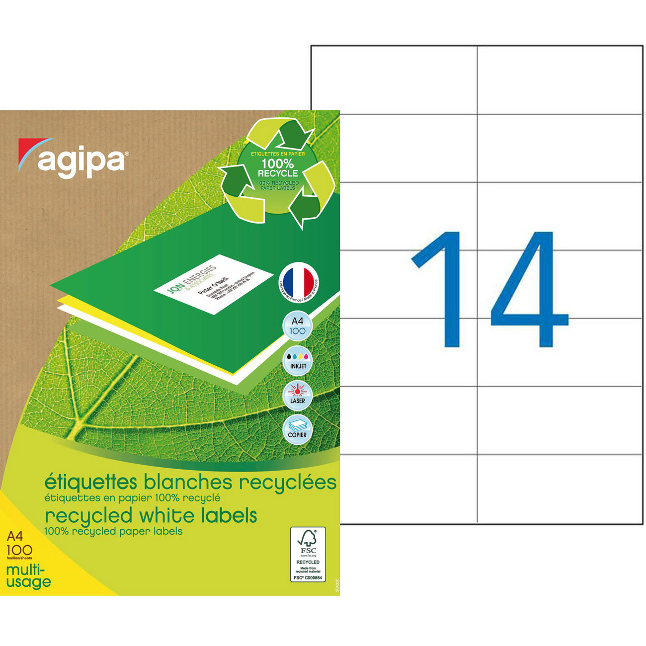 AGIPA 101191 Etiquettes blanches recyclées multi-usage 105 x 42,2 mm - Boîte de 1400