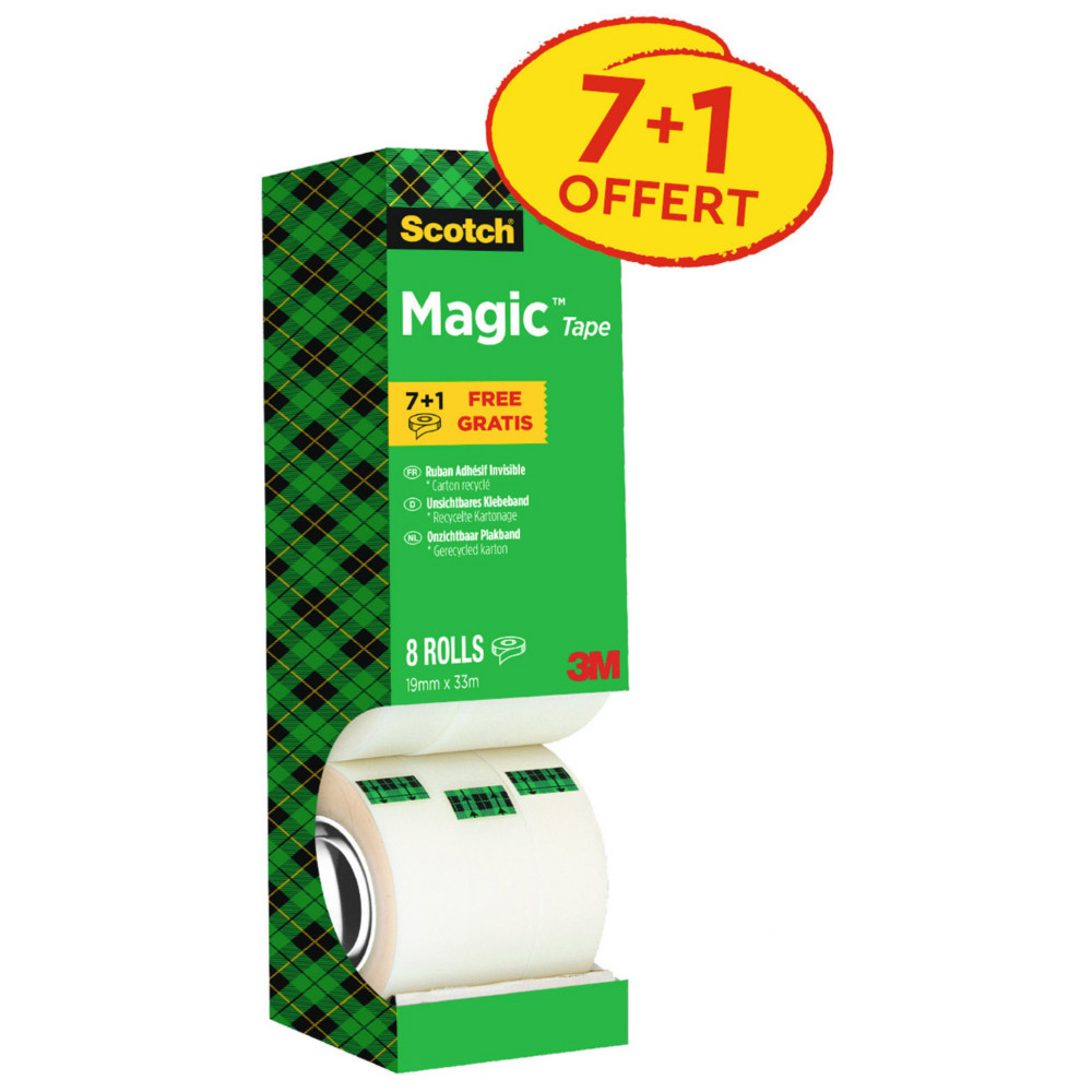 Scotch Magic Tape Ruban adhsif invisible largeur 19 mm x longueur 33 m (Lot de 7 + 1 OFFERT)