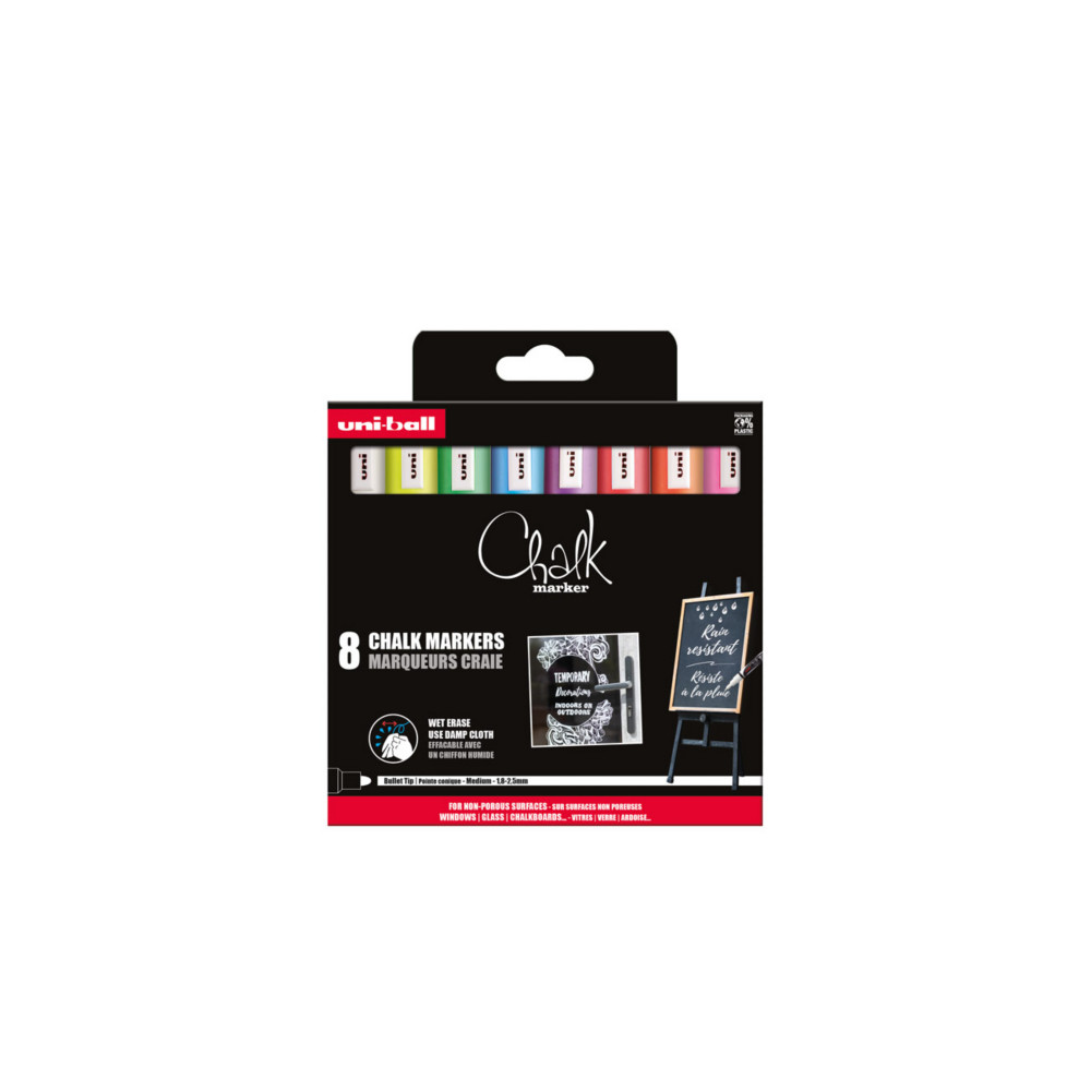Uni Marqueur craie Chalk Marker PWE-5M encre non permanente pointe ogive de 1,8  2,5mm - Couleurs assorties
