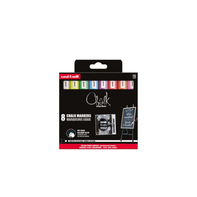 Uni Marqueur craie Chalk Marker PWE-5M encre non permanente pointe ogive de 1,8 à 2,5 mm - Couleurs assorties