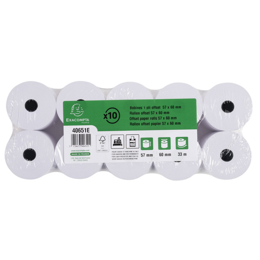 Exacompta Bobine tickets de caisse et calculatrice 57 x 60 x 12 mm - Longueur 30M - 40651E - Rouleau Papier offset 1 pli 60g - Lot de 10
