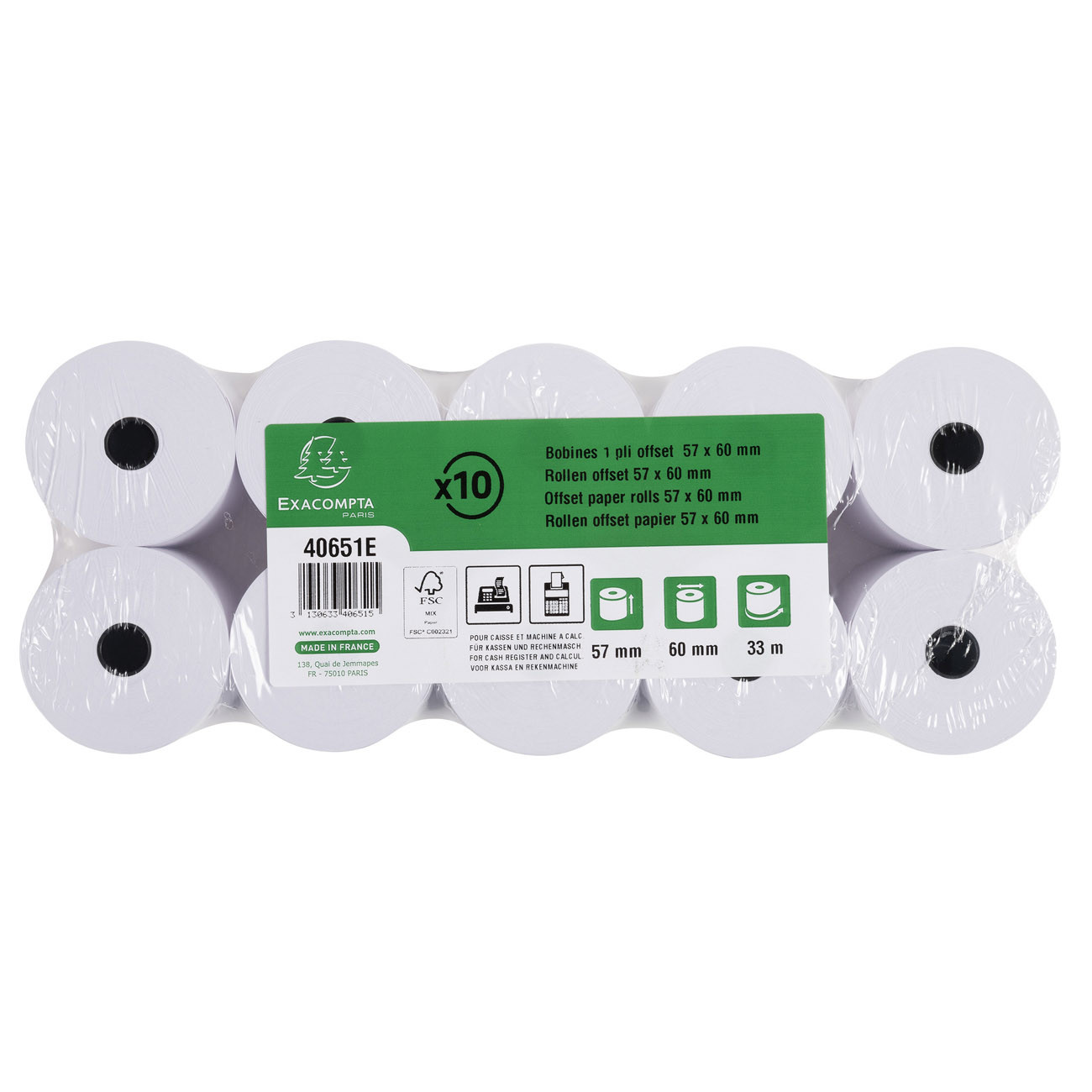 Exacompta Bobine tickets de caisse et calculatrice 57 x 60 x 12 mm Longueur 33M Rouleau Papier offset 1 pli 60g Lot de 10