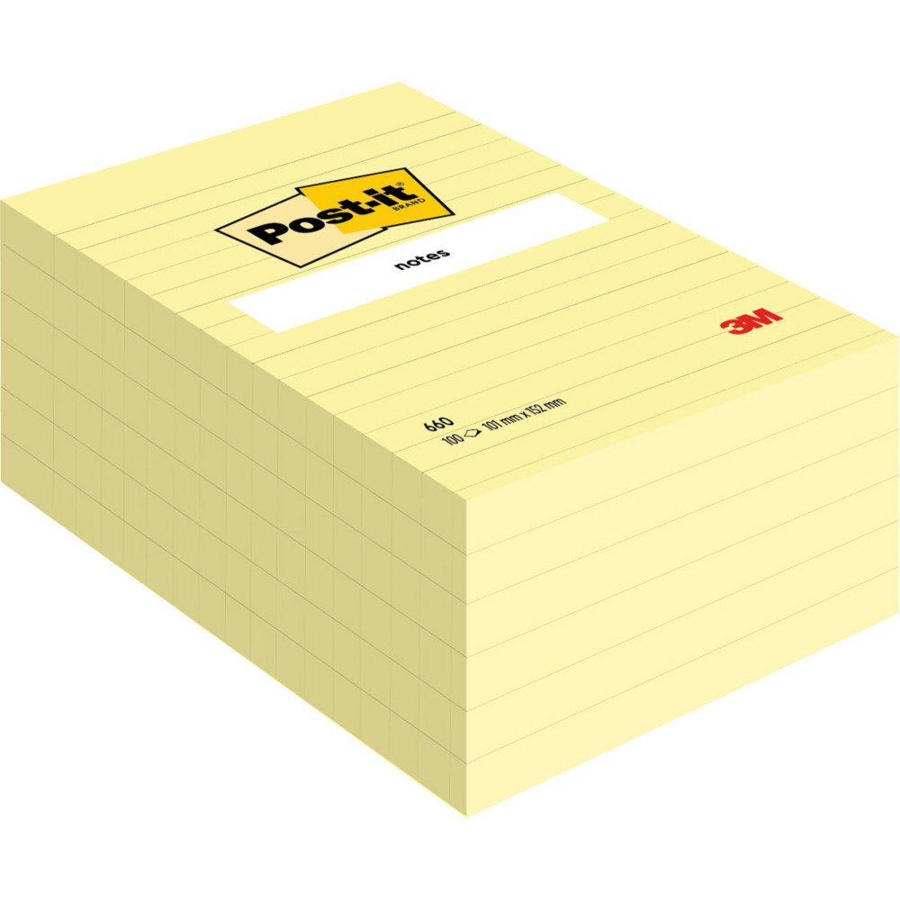 Post-it Notes Repositionnables Recycles Lignes Rectangle 102 x 152 mm Jaune - lot de 6 blocs de 100 Feuilles