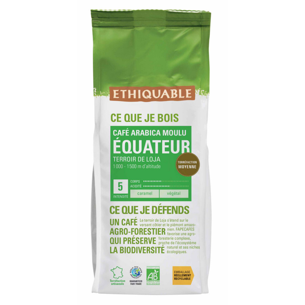 Ethiquable Caf moulu quateur,  100% Arabica Bio et quitable - Intensit 5 - 250 g