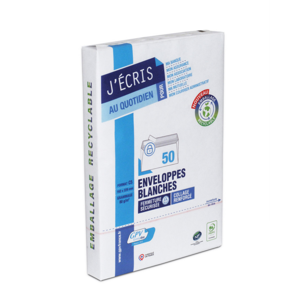 GPV Enveloppe blanche C5 162 x 229 mm 80g sans fentre - autocollante bande protectrice - Lot de 50