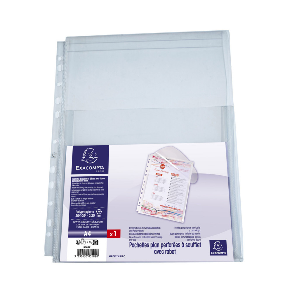 Exacompta Pochettes perfores transparentes  soufflet A4 polypropylne 20/100e lisse incolore - Lot de 50