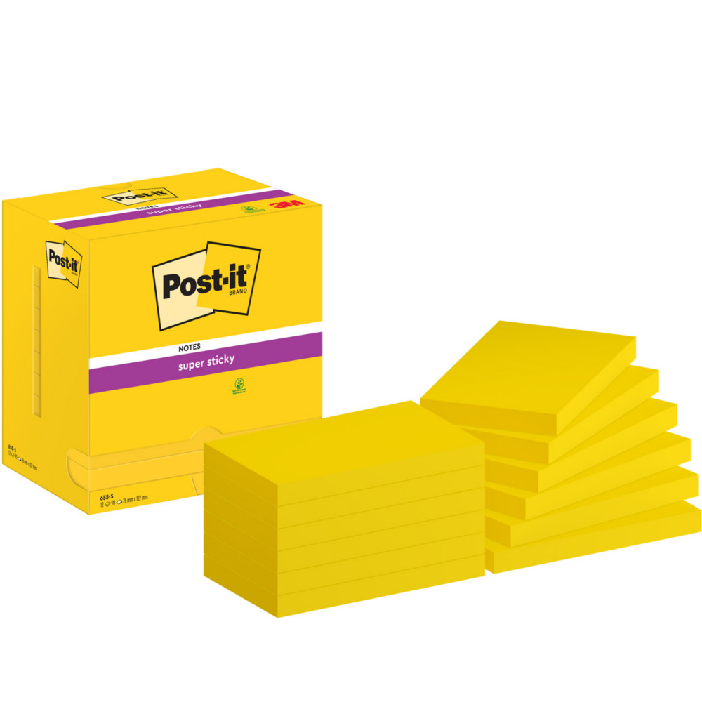 Post-it Notes repositionnables Super Sticky 76 x 127 mm - Jonquille - Lot 12 blocs de 90 feuilles