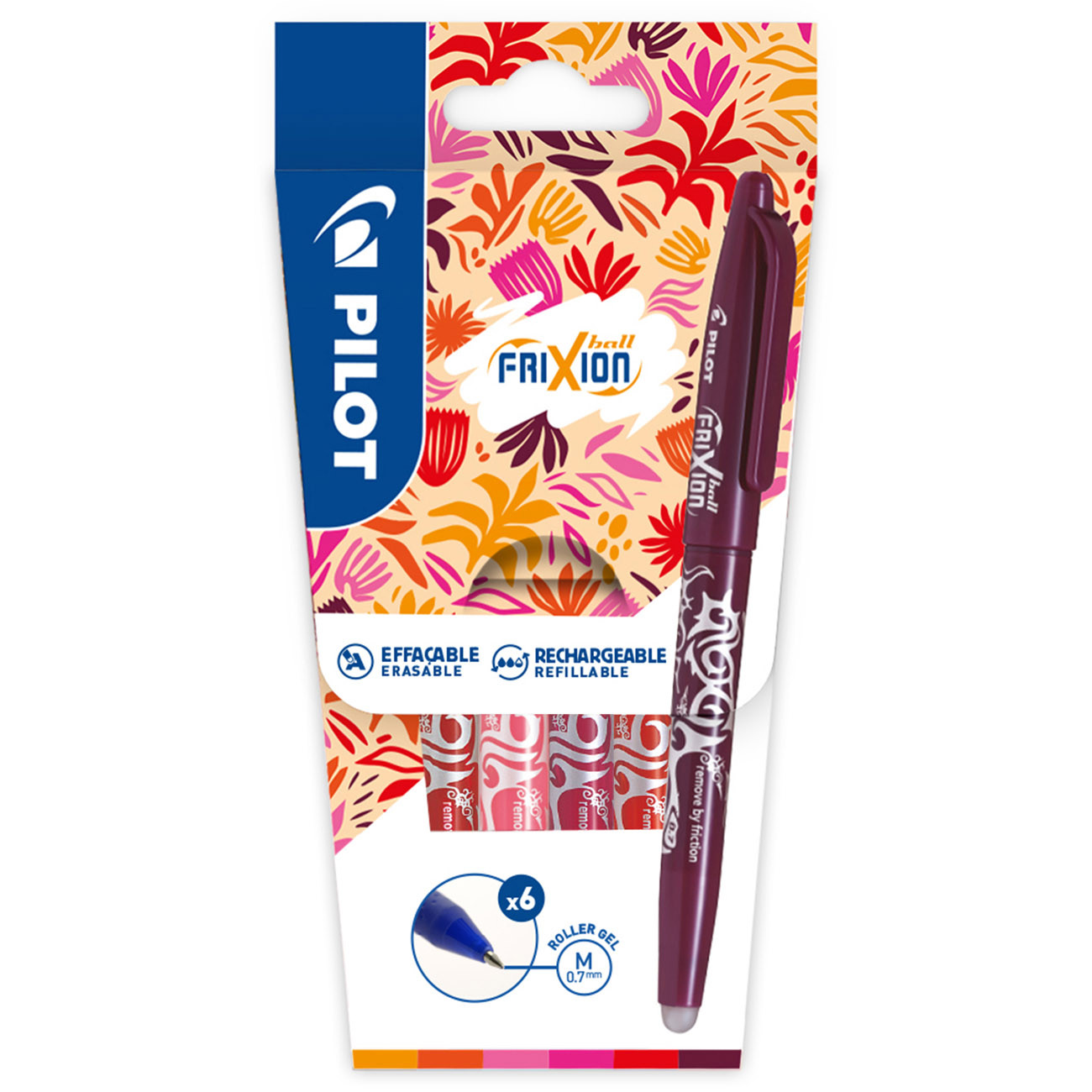 Pilot FriXion Ball roller encre gel effaçable pointe moyenne 0,7 mm - Pochette de 6 couleurs assorties tons chauds