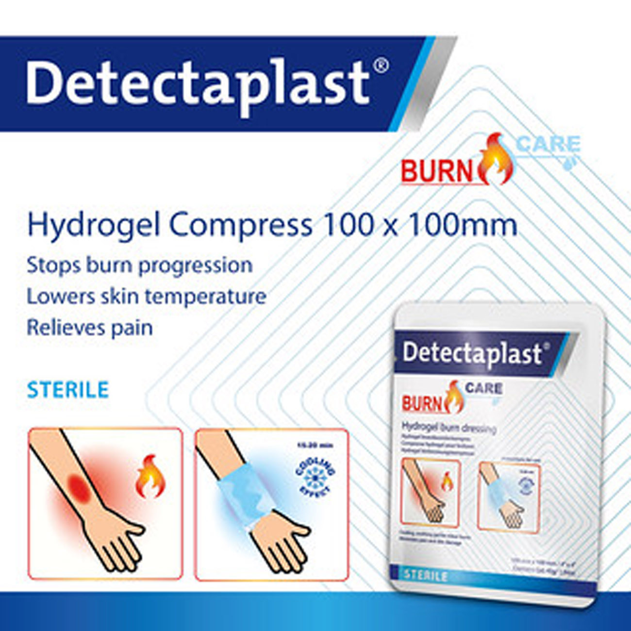 Detectaplast Compresses Hydrogel pour brûlures Burn Care Format 10 x 10 cm