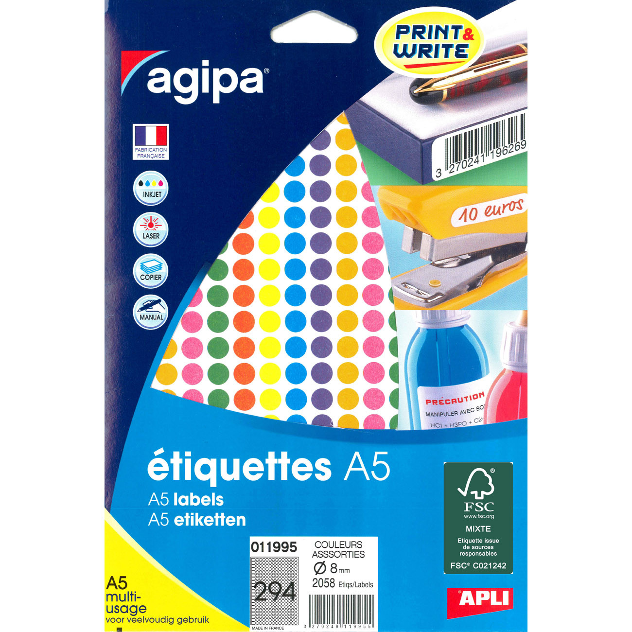 Agipa Pastilles adhésives rondes Ø 8 mm - 11995 - A5 - Pochette de 7 feuilles de 294 - 2058 étiquettes - assorties