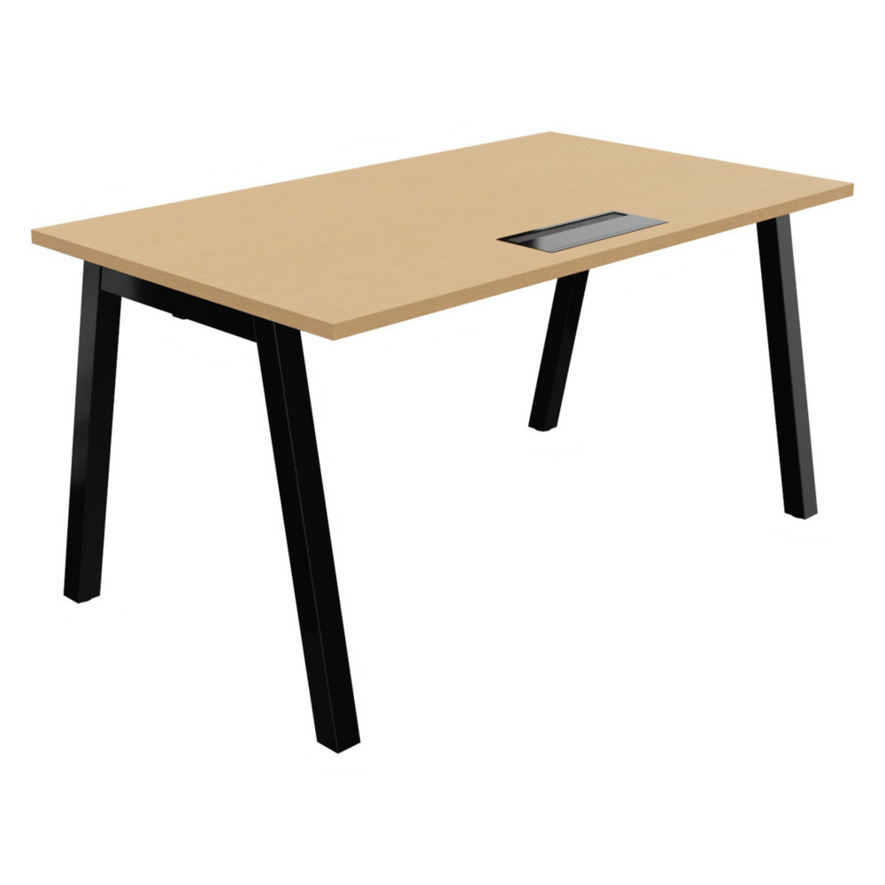 Bureau droit Burocolor A avec trappe d'accs - L.140 x P.80 cm - Plateau Htre - Pieds  Noir