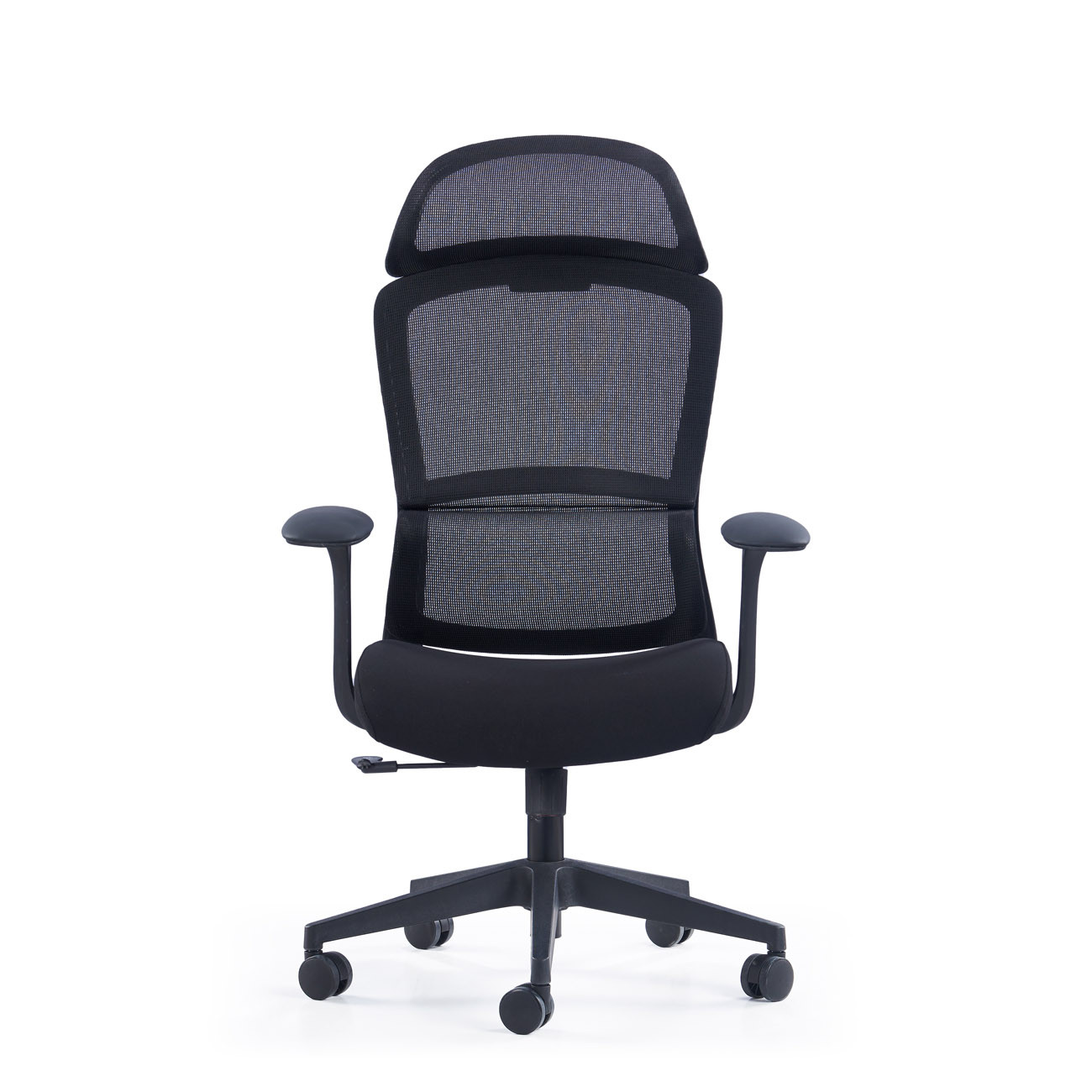 MONDOFFICE Fauteuil ergonomique M Busty assise Tissu et dossier Maille - Appui-tête - Soutien lombaire et accoudoirs fixe + Roulettes - Noir