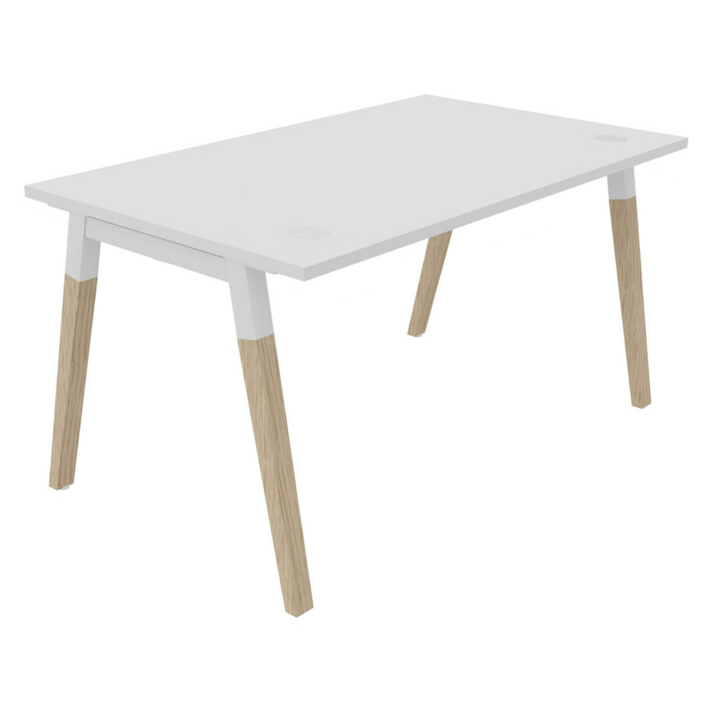 Bureau droit Burocolor A avec obturateurs - L.140 x P.80 cm - Plateau Blanc - Pieds Bois/Blanc