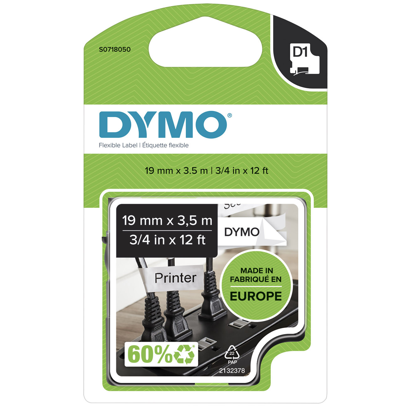 Dymo Cassette ruban d'étiquettes D1 auto-adhésive - S0718050 pour étiqueteuse -19 mm x 3,5 m - Noir sur Blanc