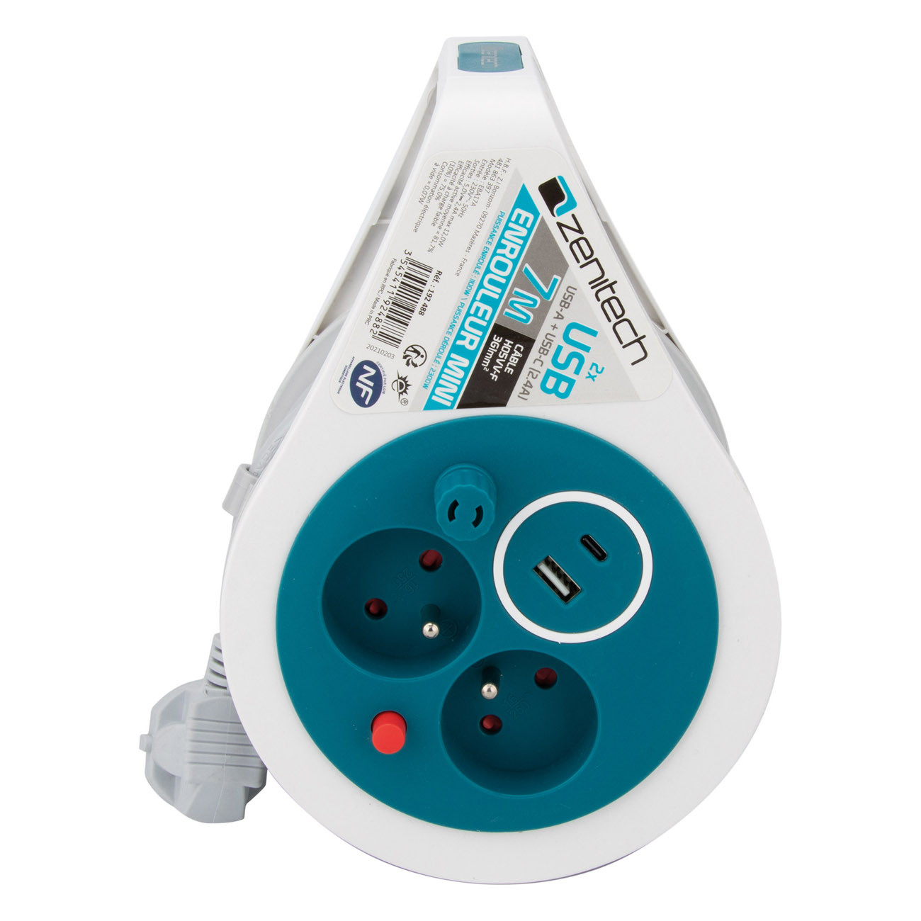 Zenitech Mini enrouleurs 2 prises 16A + 2 USB - Turquoise