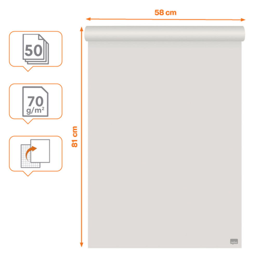 Nobo Recharge chevalet papier blanc 70g - 1 face uni / 1 face quadrill - L.58 x H.81 cm - Bloc 50 feuilles
