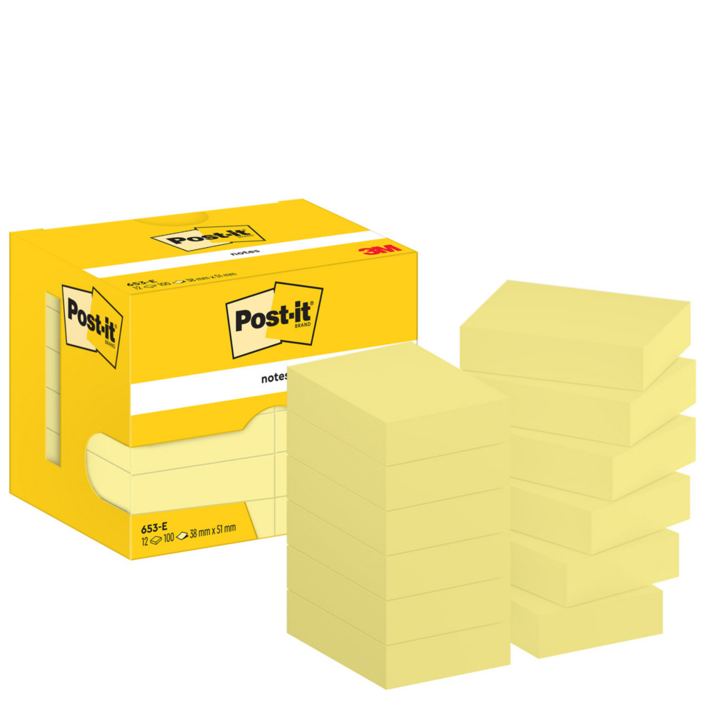 Post-it Notes repositionnables 38 x 51 mm - Jaune - Lot 12 blocs de 100 feuilles