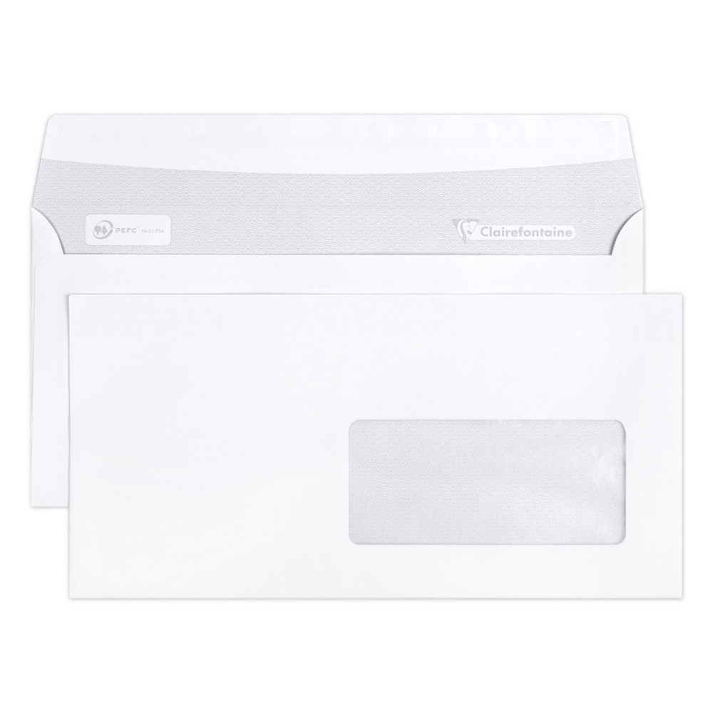 Clairefontaine Enveloppe blanche DL 110 x 220 mm 80g fentre 45 x 100 mm - autocollante bande protectrice - Lot de 50