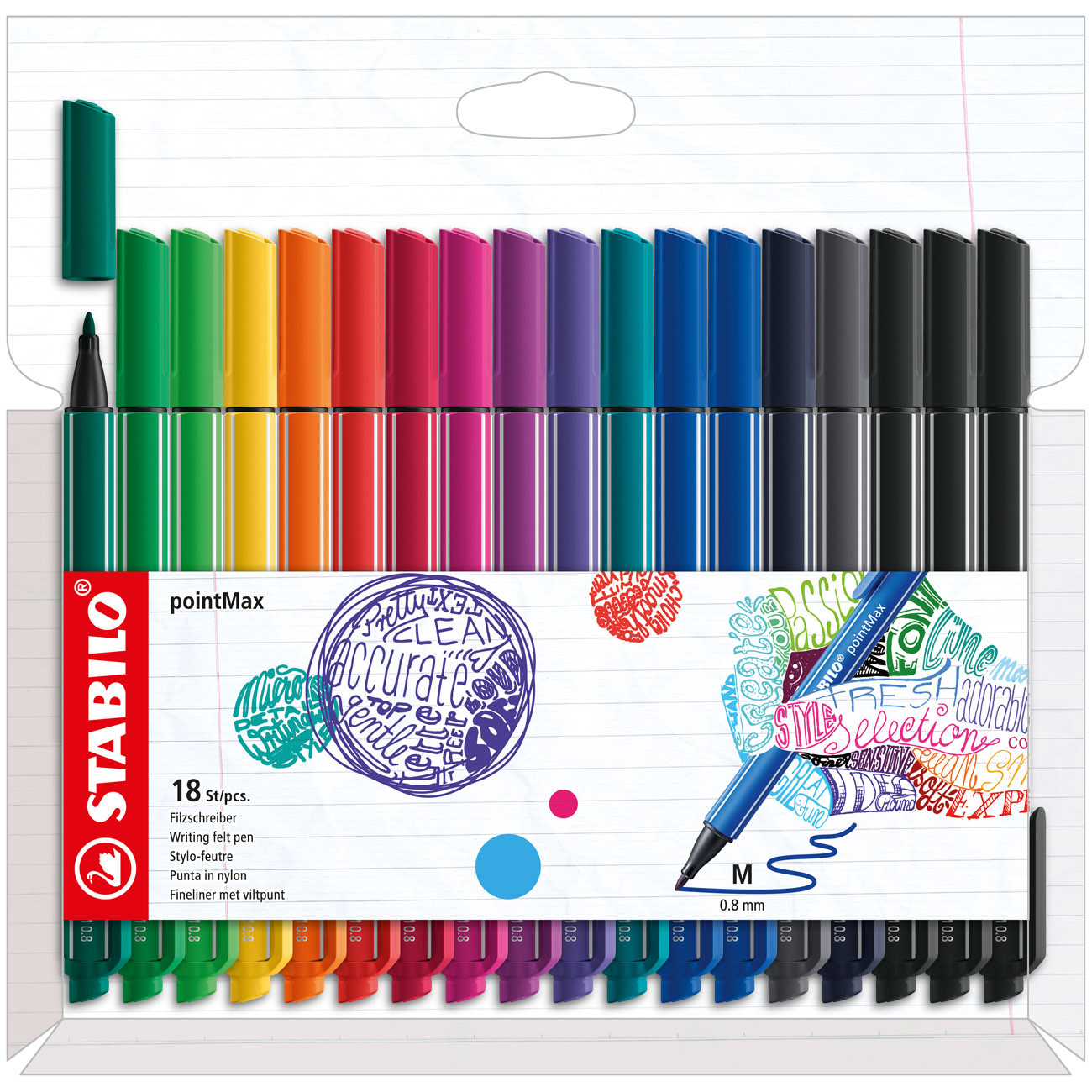 STABILO Stylo-feutre PointMAX - pointe large - Étui de 18 coloris d'encre assortis