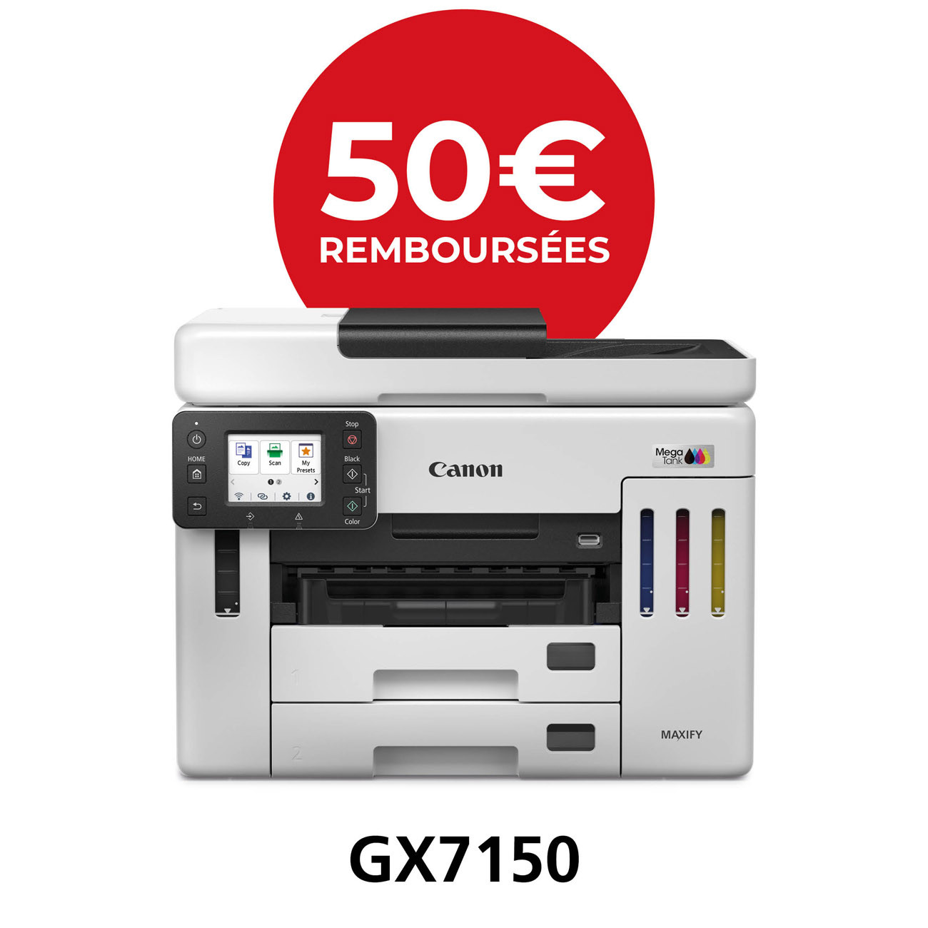 Canon Maxify GX7150 MegaTank imprimante multifonction 4 en 1 jet d'encre couleur A4 à réservoirs d'encre - Wifi, réseau, usb