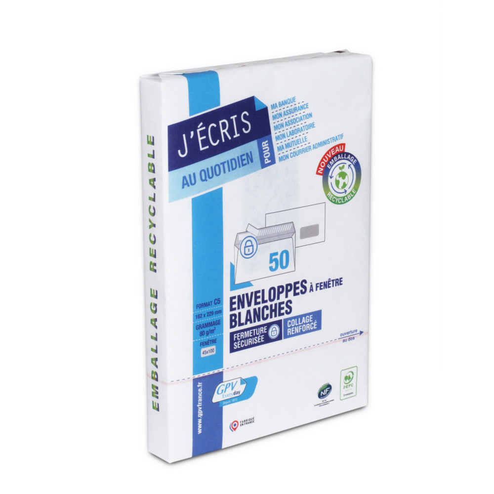 GPV Enveloppe blanche C5 162 x 229 mm 80g fentre 45 x 100 mm - autocollante bande protectrice - Lot de 50
