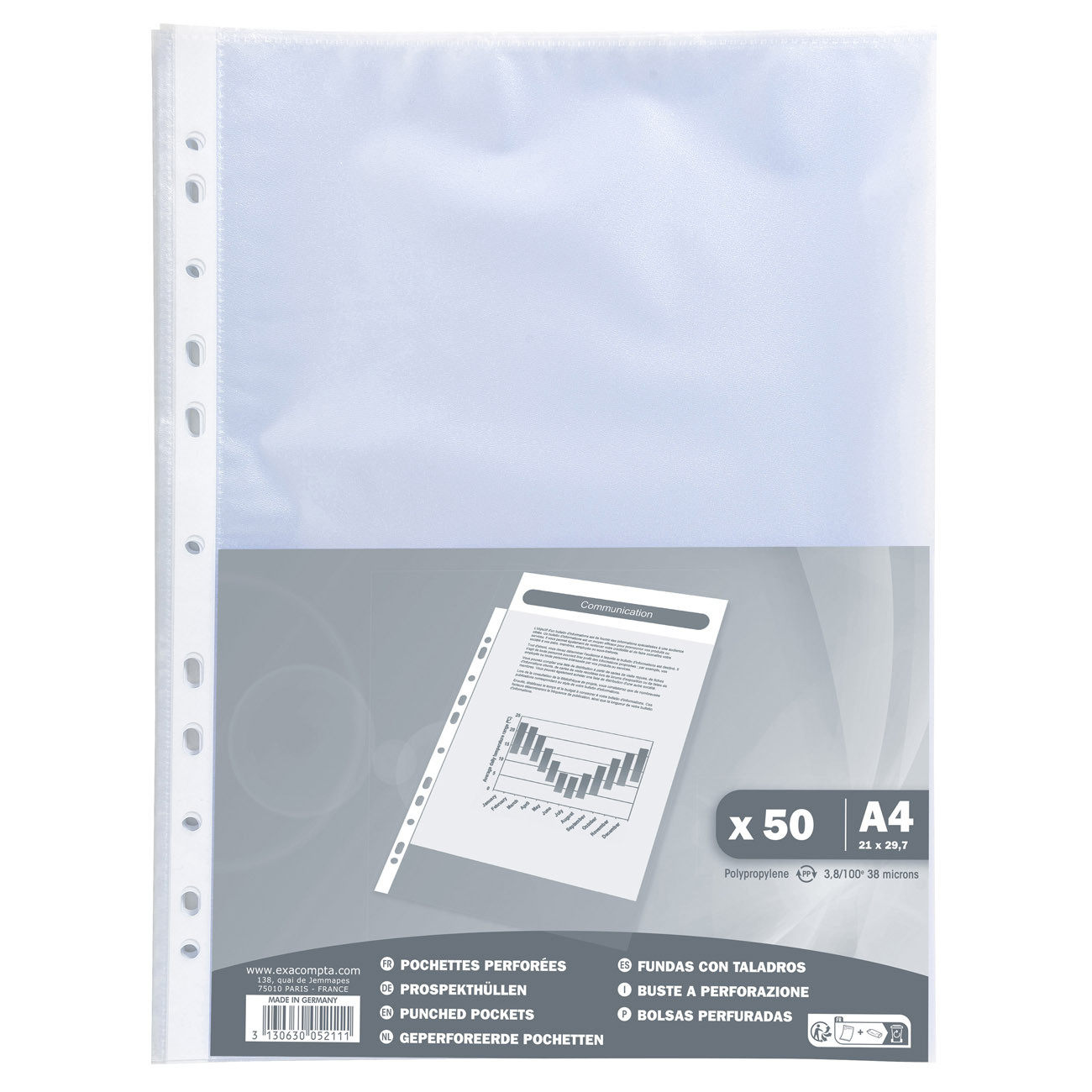 Exacompta+Pochettes+perforees+transparentes+A4+polypropylene+4/100e+grainees+-+Lot+de+50