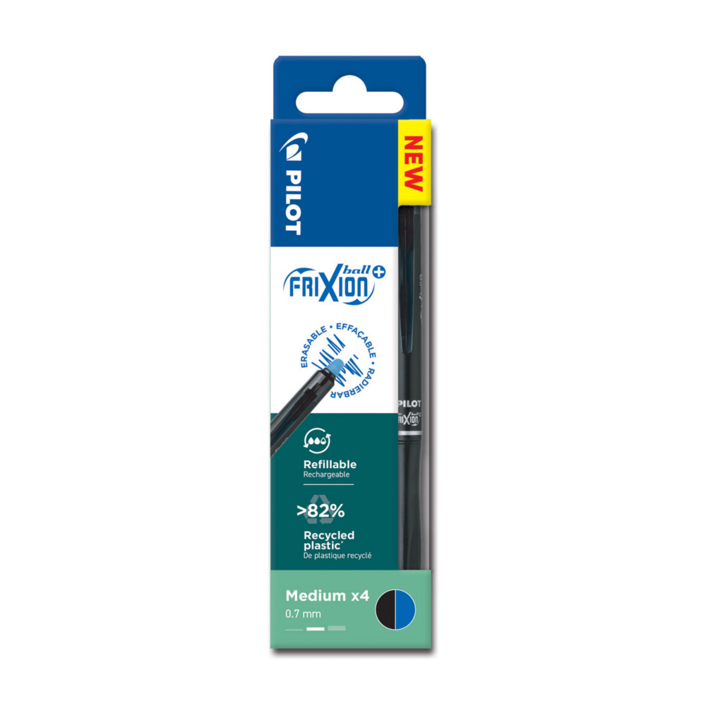 Pilot FriXion Ball Plus Begreen - Stylo roller encre gel effaable et rechargeable - Pointe moyenne - Pochette de 4 bleu/noir