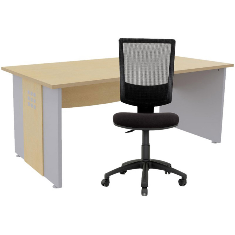 Pack bureau droit Axiome L.140 cm Plateau Htre Pieds panneaux Aluminium + Sige Jenny maille/tissu Noir