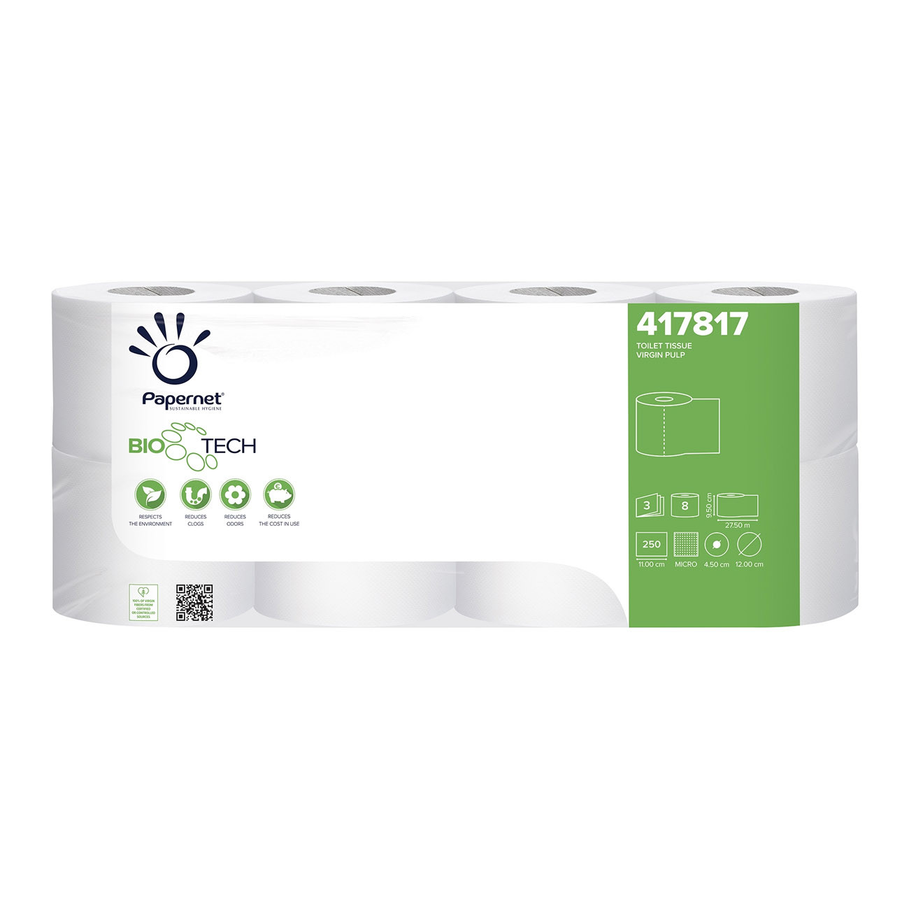 Papernet Papier toilette Bio tech en rouleaux pure ouate de cellulose 3 plis - Rouleau de 250 feuilles - 417817 - Blanc - Paquet de 8 rouleaux