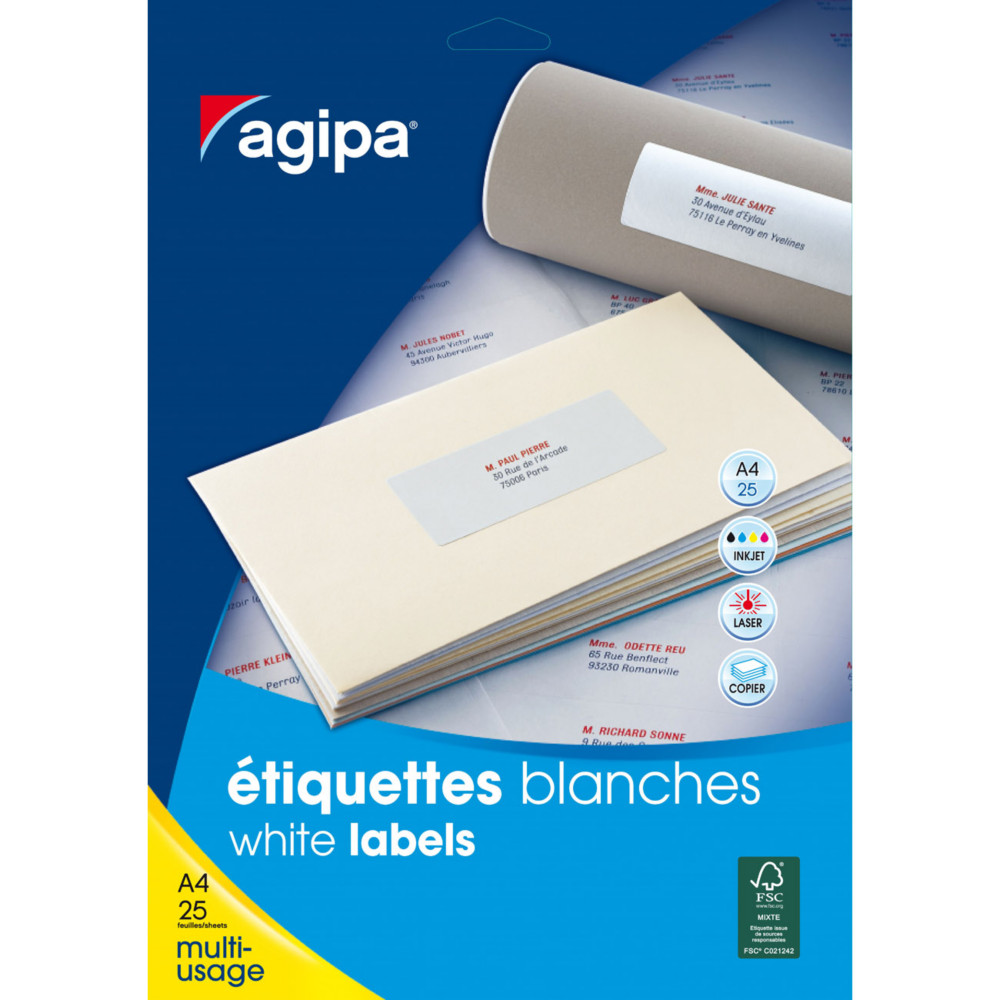 AGIPA 119620 Etiquettes blanches multi-usage 199,6 x 289,1 mm - Pochette de 25