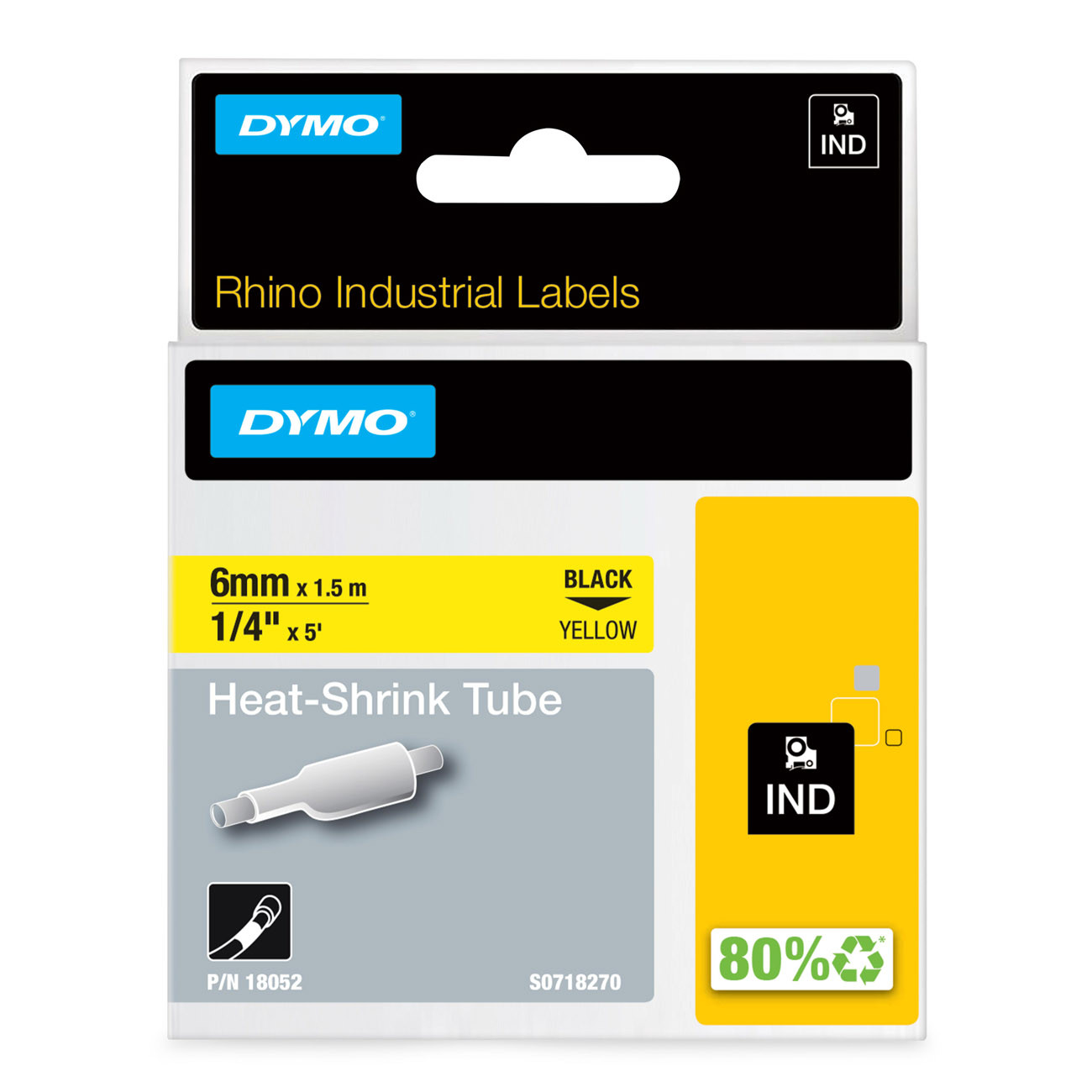 Dymo Ruban thermorétractable 18052 Rhino - 6 mm x 1,5 m - Noir sur Jaune