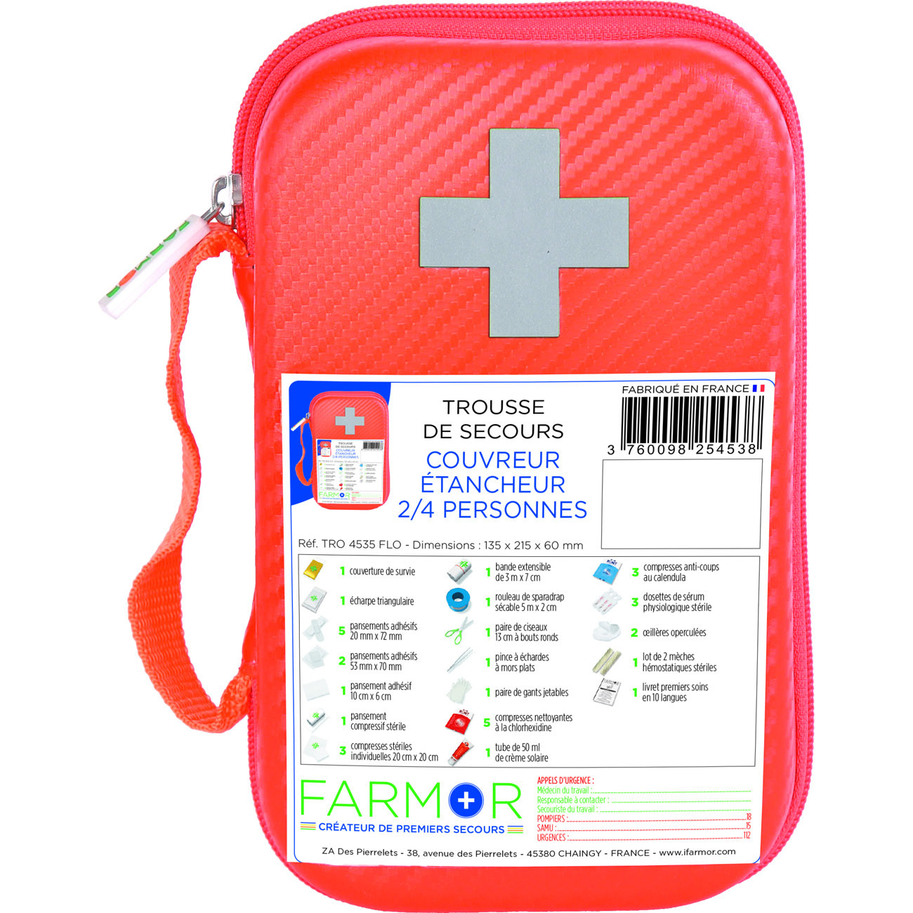 Farmor Trousse de secours Couvreur et Etancheur 2 à 4 personnes - Malette semi-rigide imperméable Orange - Lot de 10