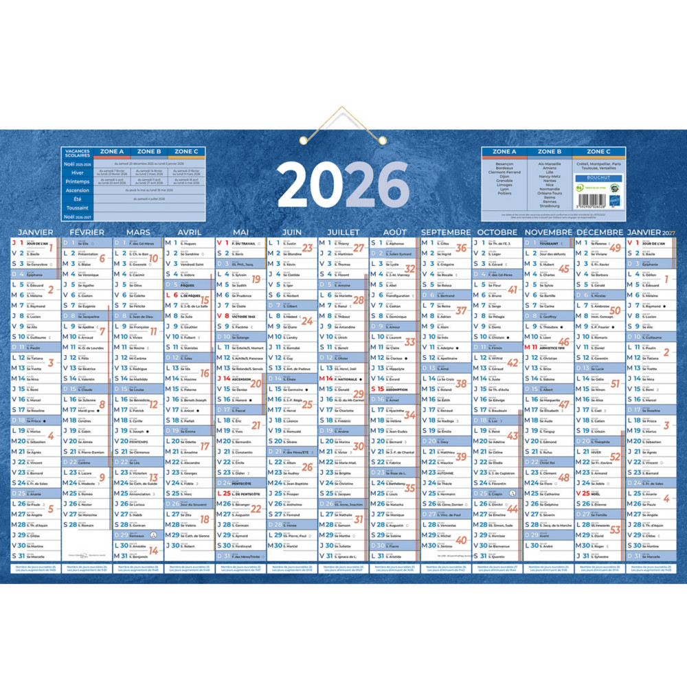 Bouchut Calendrier mural annuel (13 mois / face) - Bleu - 43 x 65 cm - 2026