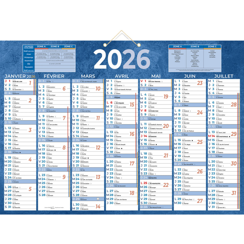 Bouchut Calendrier mural annuel bleu (7 mois/face) - 38,5 x 54 cm - 2026
