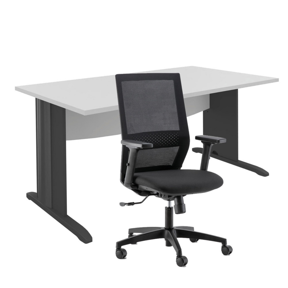 Pack Bureau droit Activity Mtal L.160 x P.80 cm Plateau Blanc - Pieds L Anthracite + Sige Tho maille / Tissu Noir