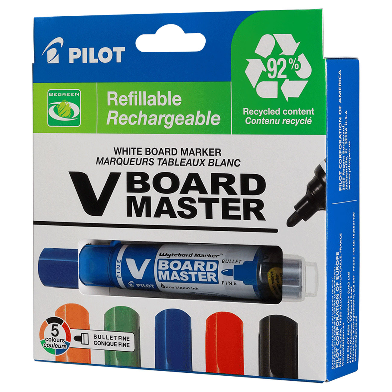 Pilot Begreen Marqueur pour tableaux blancs V Board Master Begreen - pointe fine 1,7 mm - pochette 5 couleurs assorties