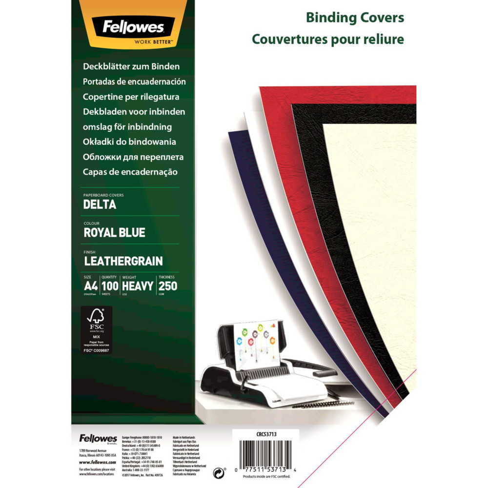 Fellowes Couvertures de reliure A4 carton grain cuir 250g - Bleu Royal - bote de 100