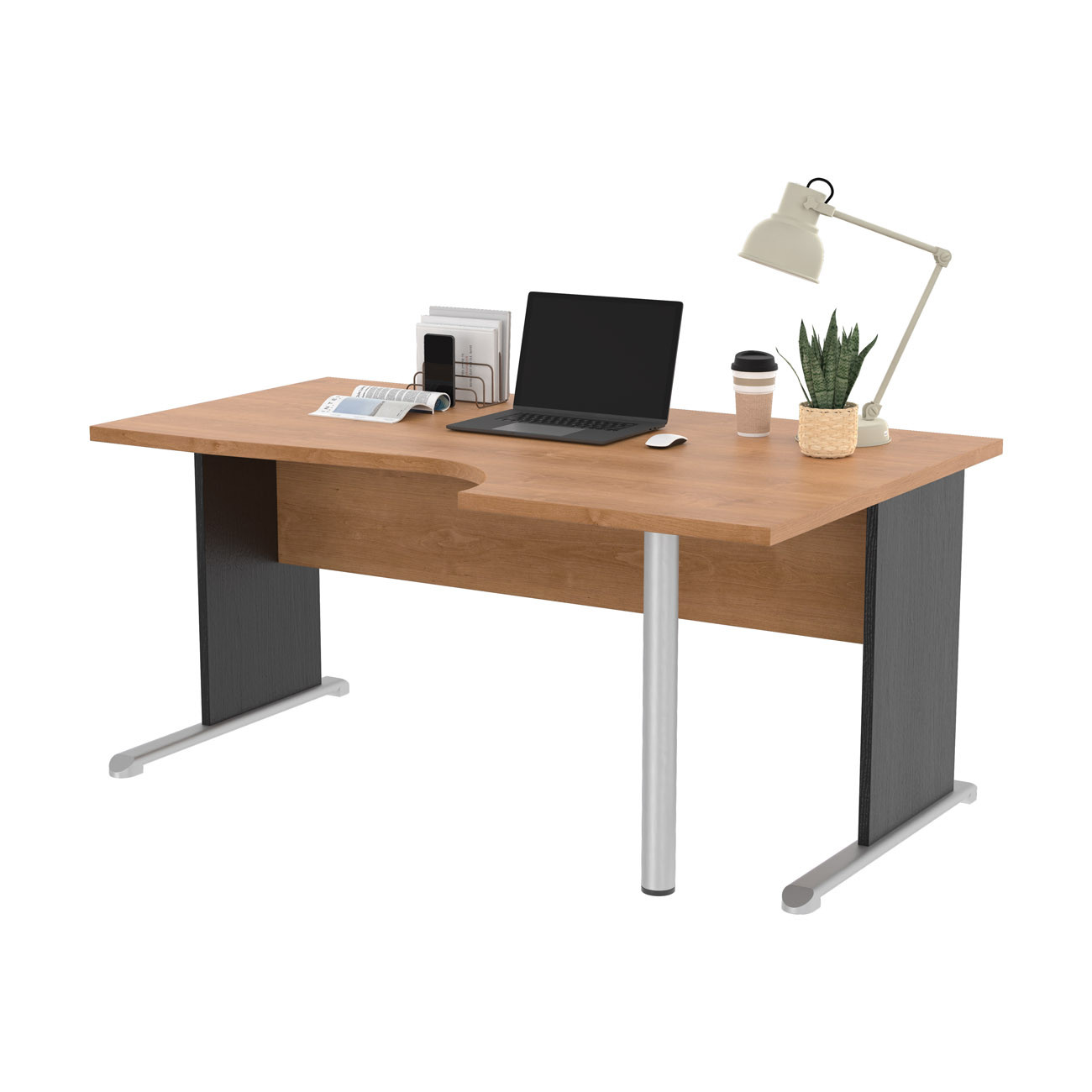 Bureau d'angle compact retour à droite Pronto Bois - L.160 x P.100 cm - Plateau Aulne - Pieds L Noir