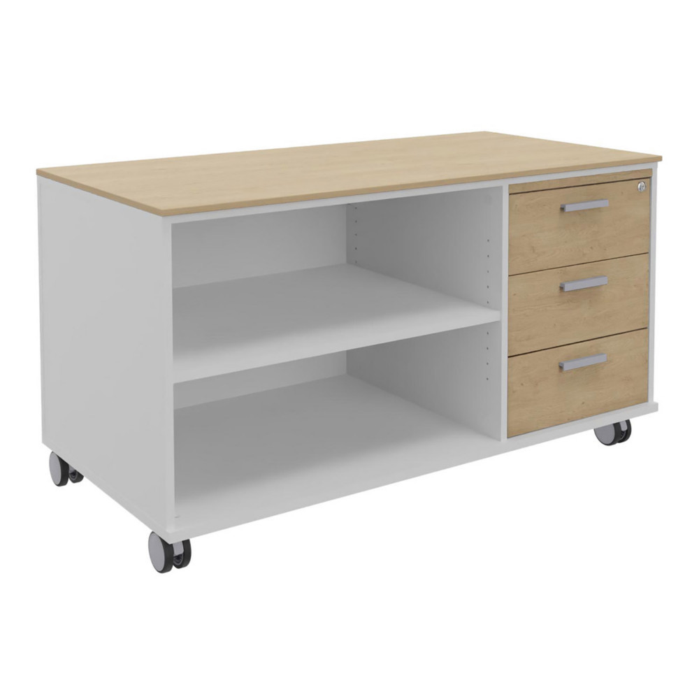 Meuble bas console mobile sur roulettes Rha - L. 120 x P. 60 x H. 66 cm - 3 tiroirs - Corps Blanc - Tiroirs Chne