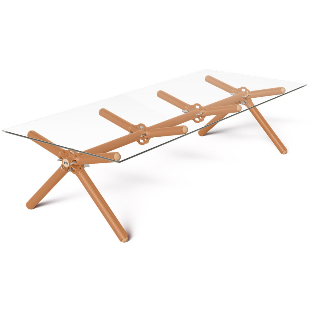 Table basse Xylan 8 personnes L. 200 x l. 80 x H. 50 cm - Plateau en verre - Structure et pieds rouille
