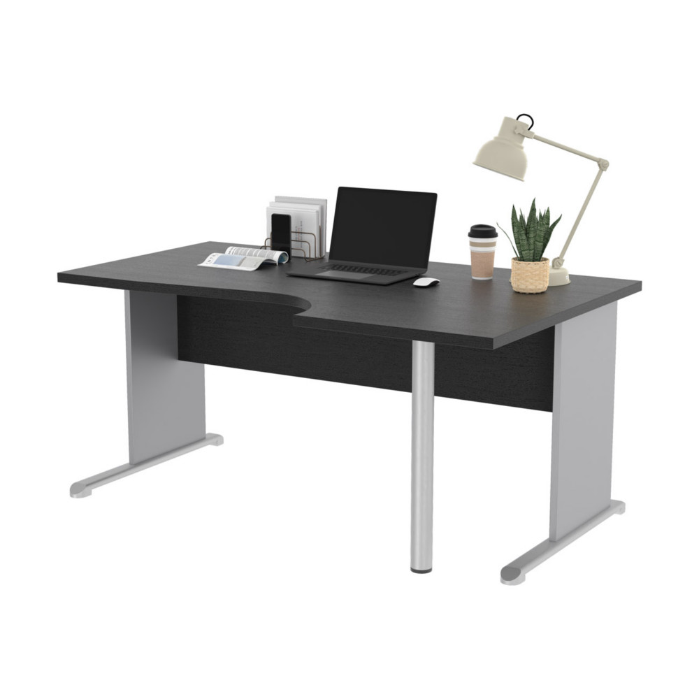 Bureau d'angle compact retour  droite Pronto Bois - L.160 x P.100 cm - Plateau Noir - Pieds L Aluminium