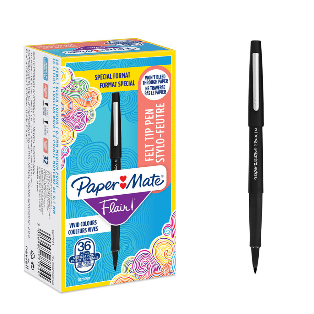 Paper Mate Flair Original Stylo feutre  capuchon pointe moyenne 1 mm - Noir - Pack de 30 + 6 OFFERTS