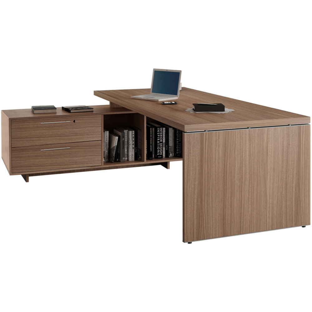 Bureau de direction Flore avec retour suspendu - L.225 x P.170 cm - Plateau Noyer - Pieds panneaux