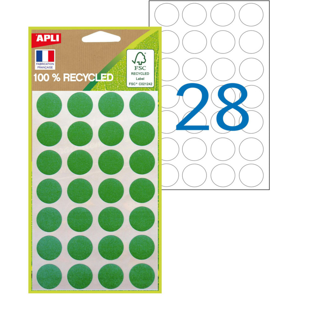APLI Pastilles adhsives recycles  15 mm - 101782 - Pochette de 168 - Vert