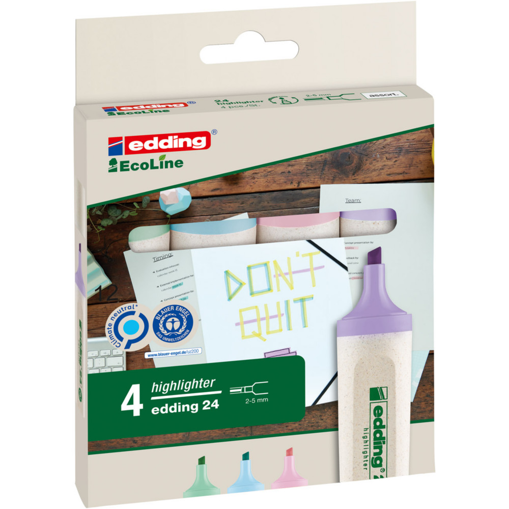 Edding 24 Ecoline Surligneur pointe biseaute 2-5 mm - pochette de 4 assortis pastel